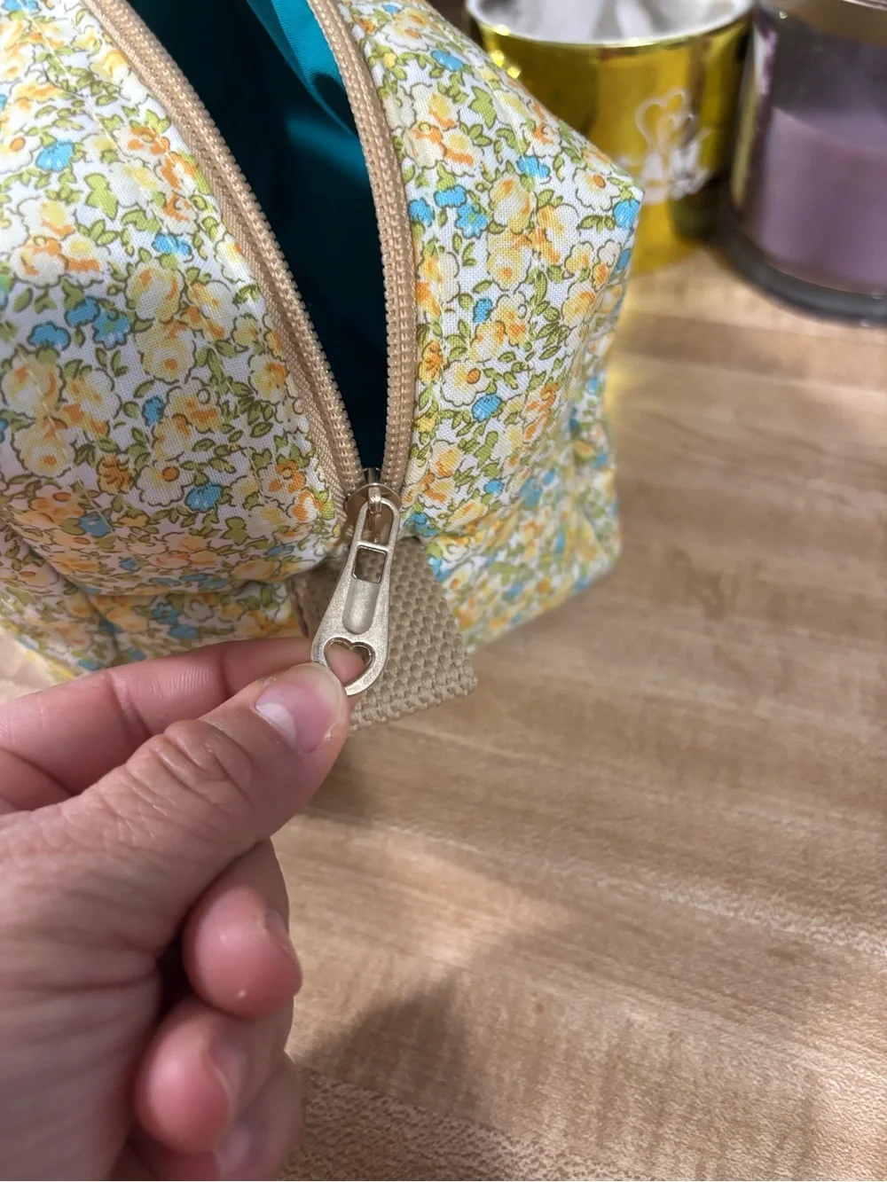 Floral Quilted Yellow Cosmetic Pouch, handmade